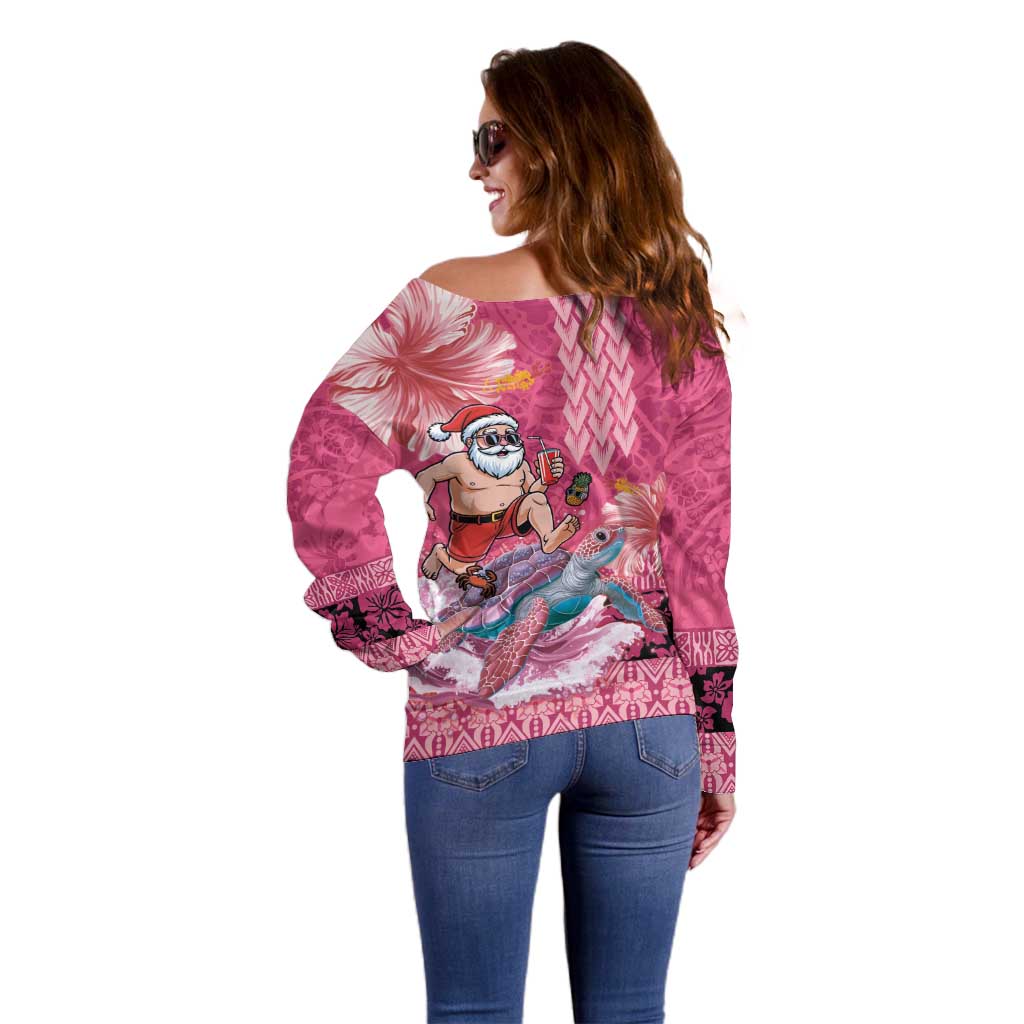 Hawaii Mele Kalikimaka Off Shoulder Sweater Funny Santa with Tribal Tattoos Kakau Pink Color - Polynesian Pride