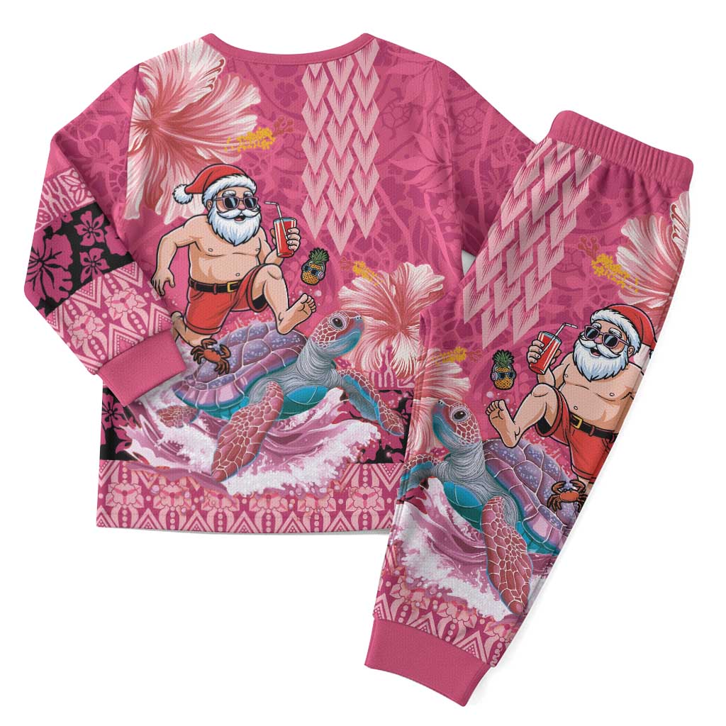 Hawaii Mele Kalikimaka Christmas Pajama Set Funny Santa with Tribal Tattoos Kakau Pink Color - Polynesian Pride