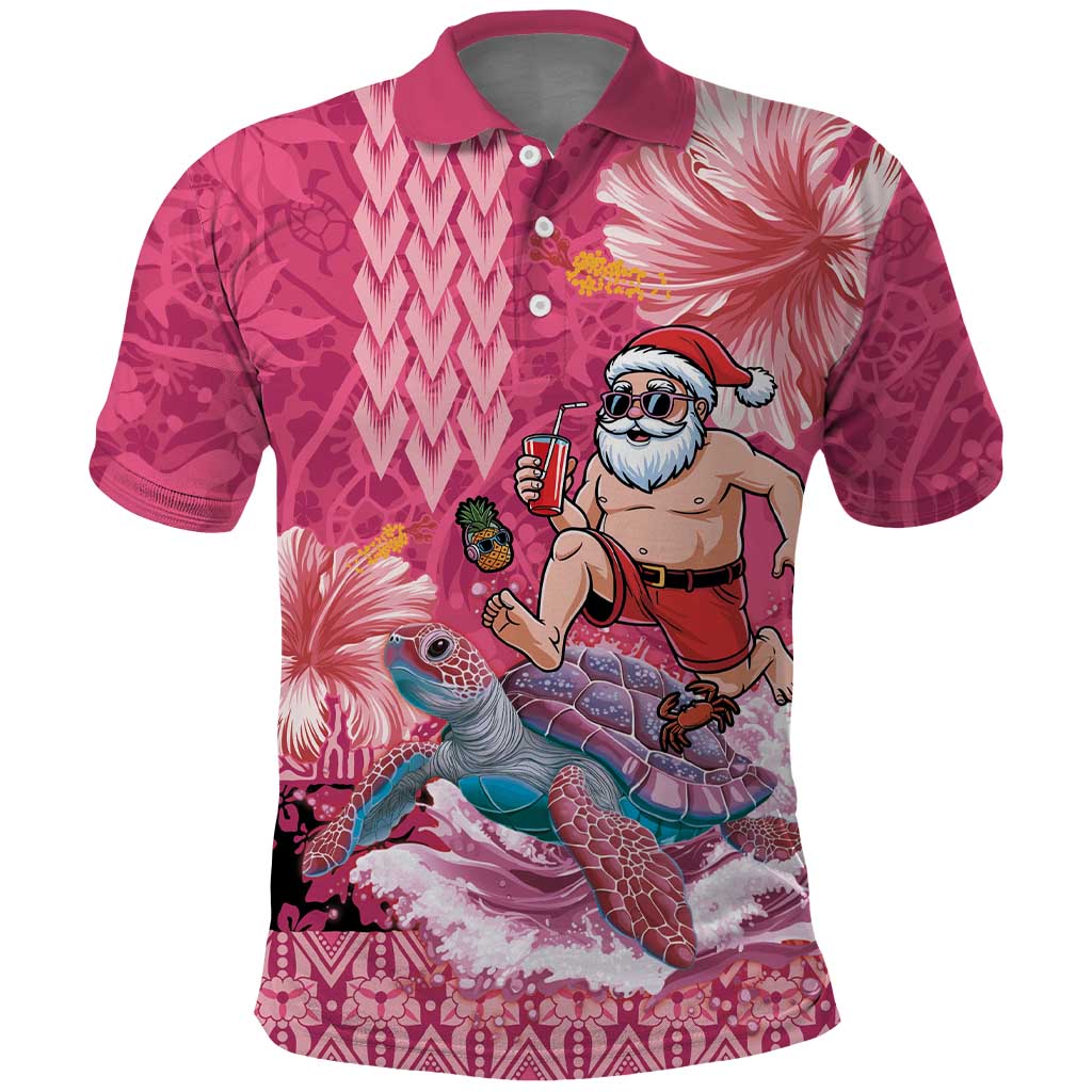 Hawaii Mele Kalikimaka Polo Shirt Funny Santa with Tribal Tattoos Kakau Pink Color - Polynesian Pride