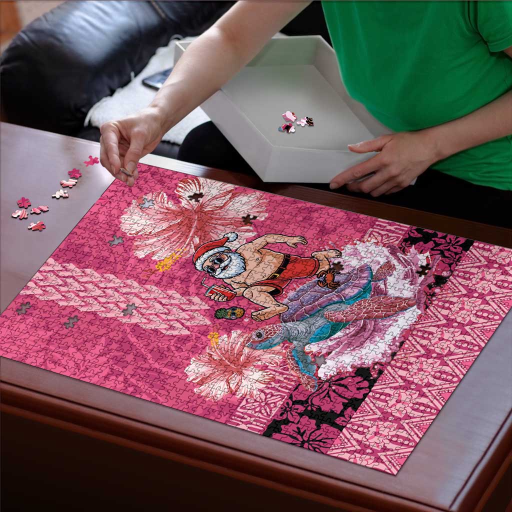 Hawaii Mele Kalikimaka Puzzle Funny Santa with Tribal Tattoos Kakau Pink Color - Polynesian Pride