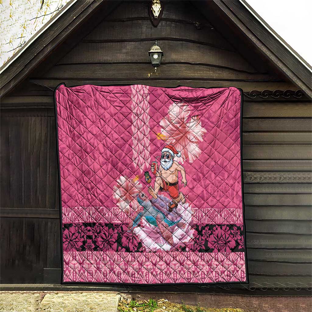 Hawaii Mele Kalikimaka Quilt Funny Santa with Tribal Tattoos Kakau Pink Color - Polynesian Pride