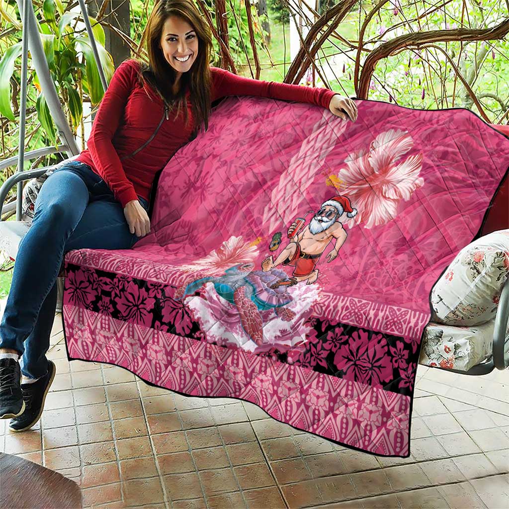 Hawaii Mele Kalikimaka Quilt Funny Santa with Tribal Tattoos Kakau Pink Color - Polynesian Pride
