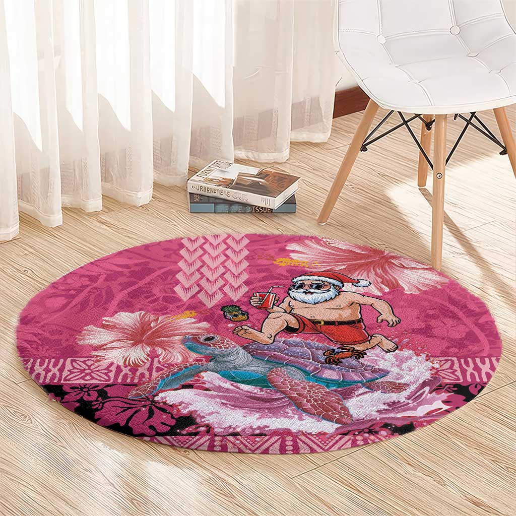 Hawaii Mele Kalikimaka Round Carpet Funny Santa with Tribal Tattoos Kakau Pink Color - Polynesian Pride