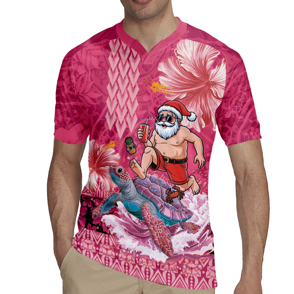 Hawaii Mele Kalikimaka Rugby Jersey Funny Santa with Tribal Tattoos Kakau Pink Color - Polynesian Pride