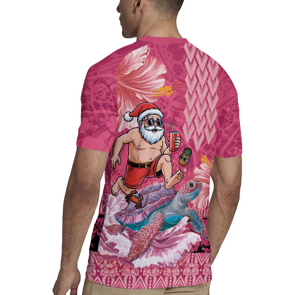 Hawaii Mele Kalikimaka Rugby Jersey Funny Santa with Tribal Tattoos Kakau Pink Color - Polynesian Pride