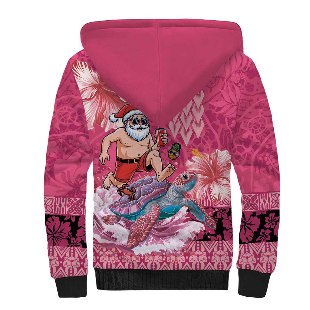 Hawaii Mele Kalikimaka Sherpa Hoodie Funny Santa with Tribal Tattoos Kakau Pink Color - Polynesian Pride