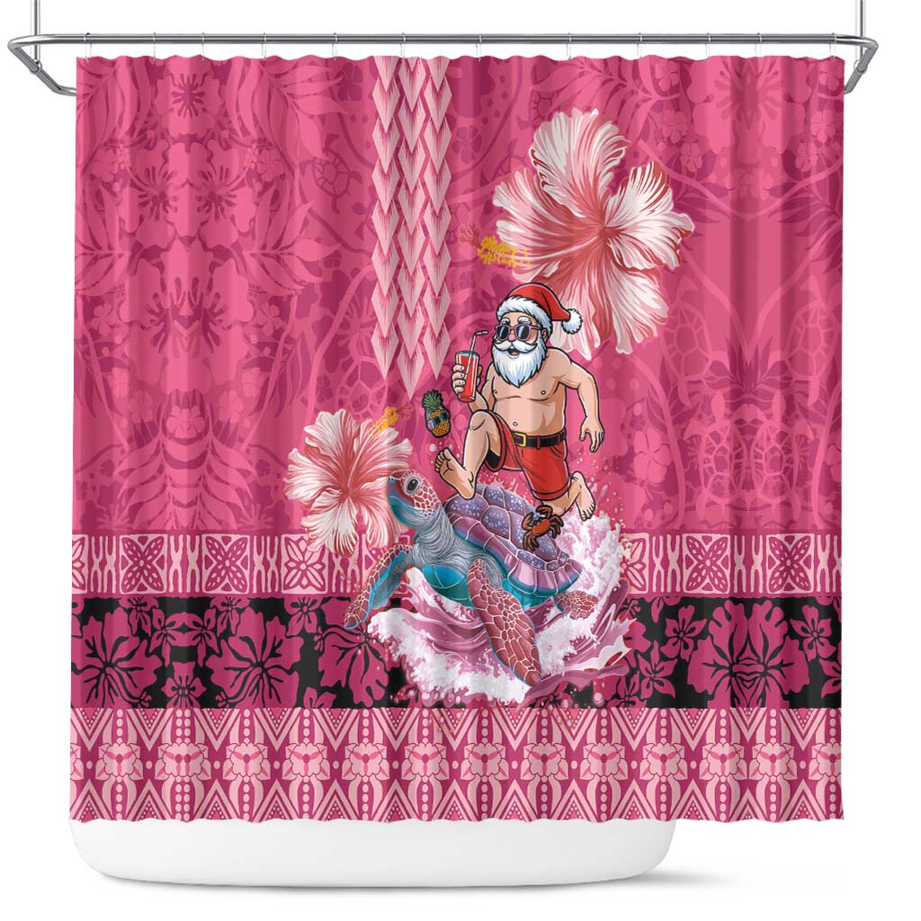Hawaii Mele Kalikimaka Shower Curtain Funny Santa with Tribal Tattoos Kakau Pink Color - Polynesian Pride