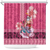 Hawaii Mele Kalikimaka Shower Curtain Funny Santa with Tribal Tattoos Kakau Pink Color - Polynesian Pride