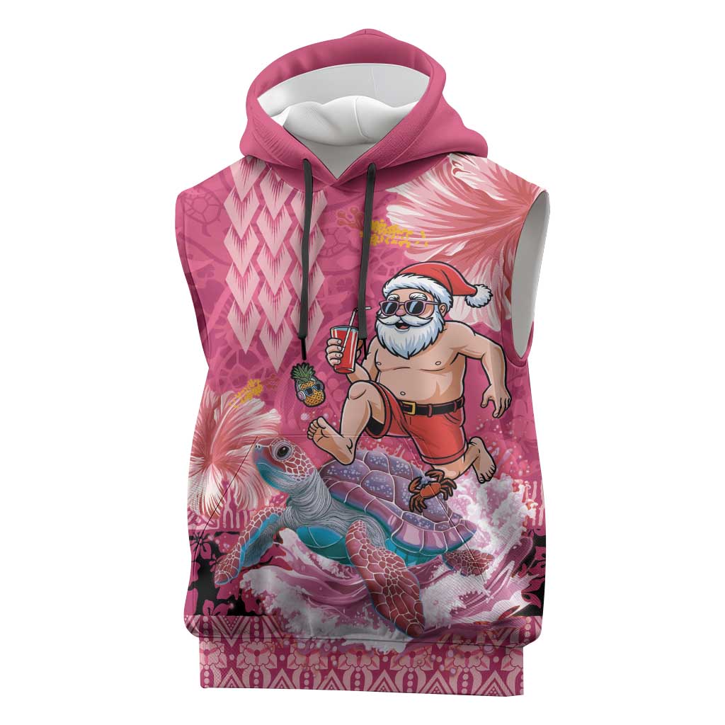 Hawaii Mele Kalikimaka Sleeveless Hoodie Funny Santa with Tribal Tattoos Kakau Pink Color - Polynesian Pride