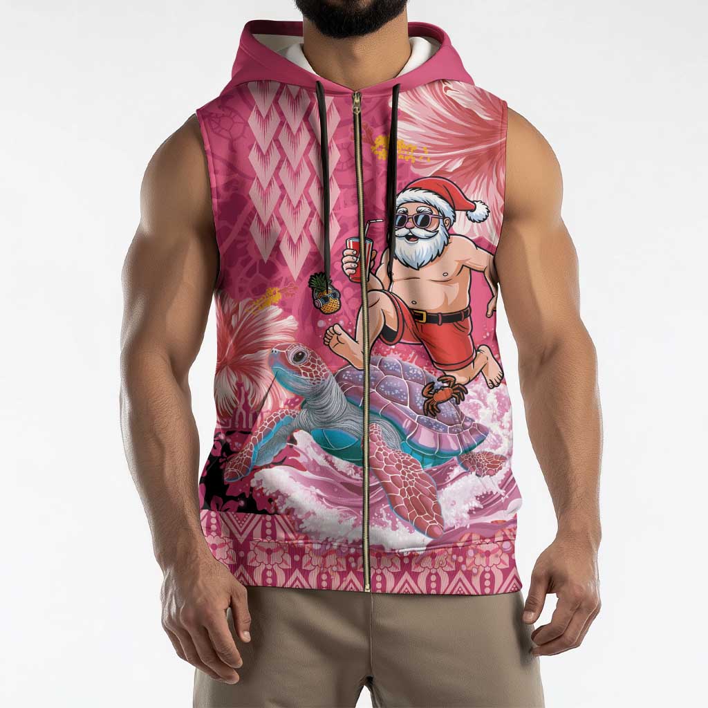 Hawaii Mele Kalikimaka Sleeveless Zip Hoodie Funny Santa with Tribal Tattoos Kakau Pink Color - Polynesian Pride