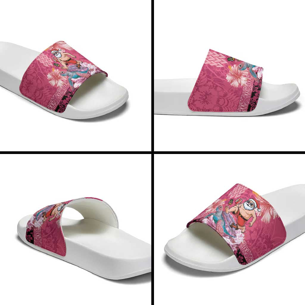 Hawaii Mele Kalikimaka Slide Sandals Funny Santa with Tribal Tattoos Kakau Pink Color - Polynesian Pride