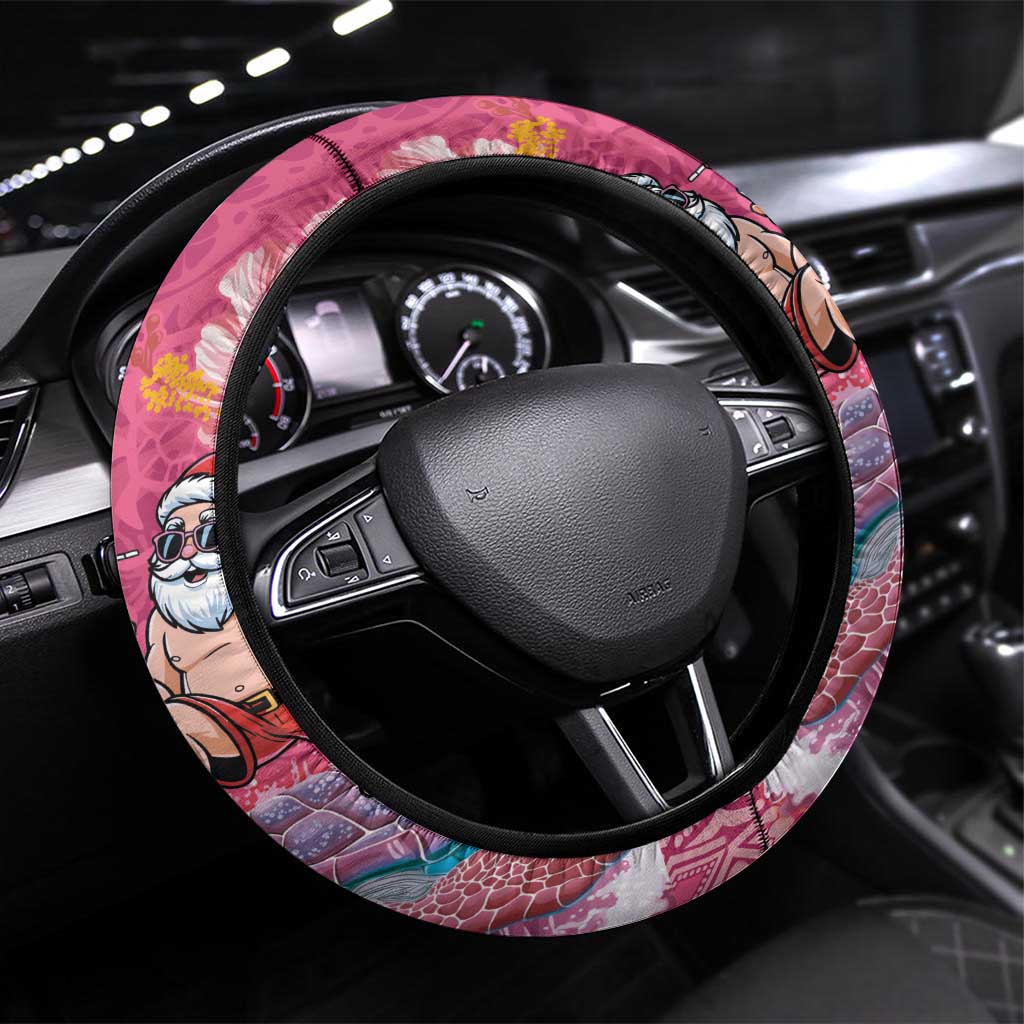 Hawaii Mele Kalikimaka Steering Wheel Cover Funny Santa with Tribal Tattoos Kakau Pink Color - Polynesian Pride