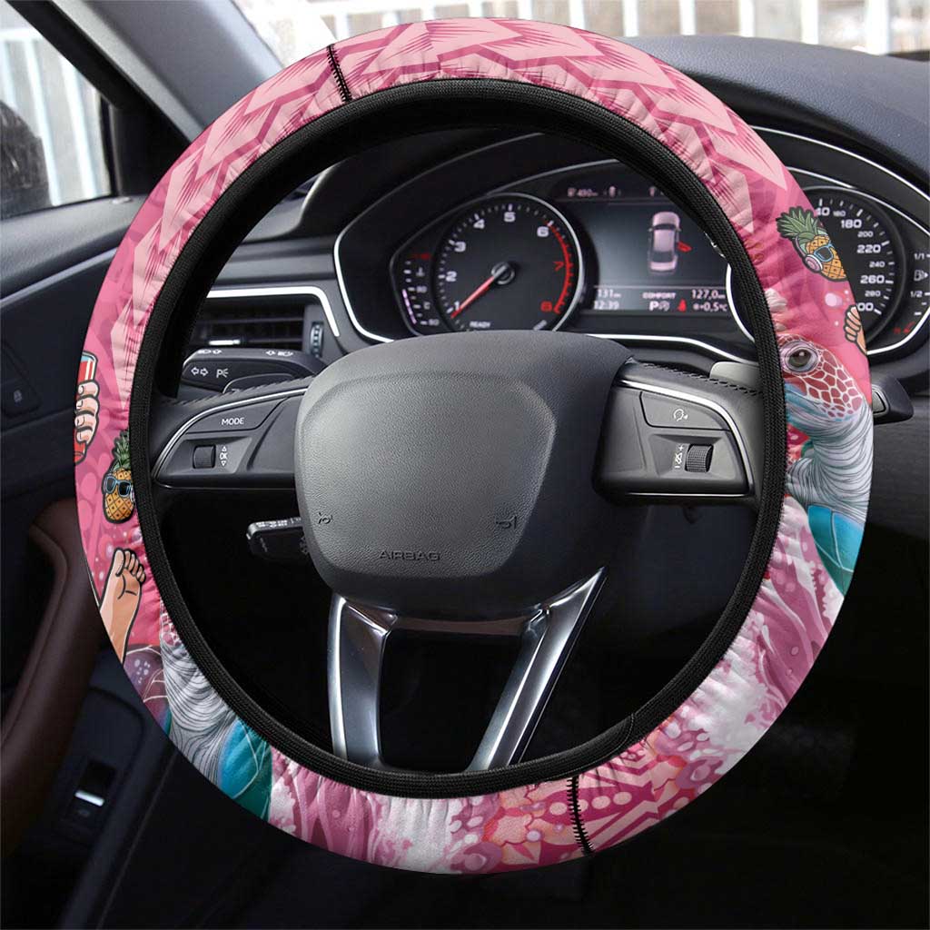 Hawaii Mele Kalikimaka Steering Wheel Cover Funny Santa with Tribal Tattoos Kakau Pink Color - Polynesian Pride