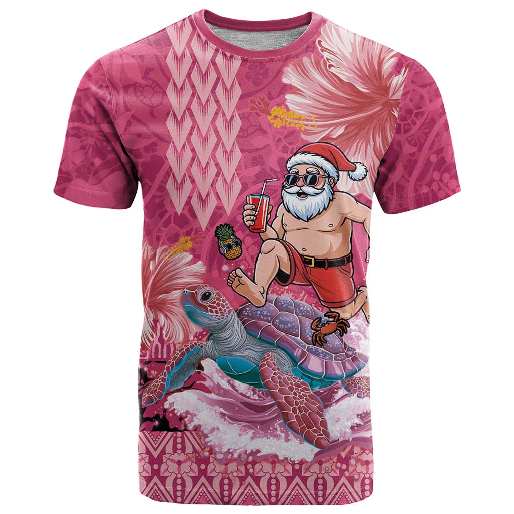 Hawaii Mele Kalikimaka T Shirt Funny Santa with Tribal Tattoos Kakau Pink Color - Polynesian Pride