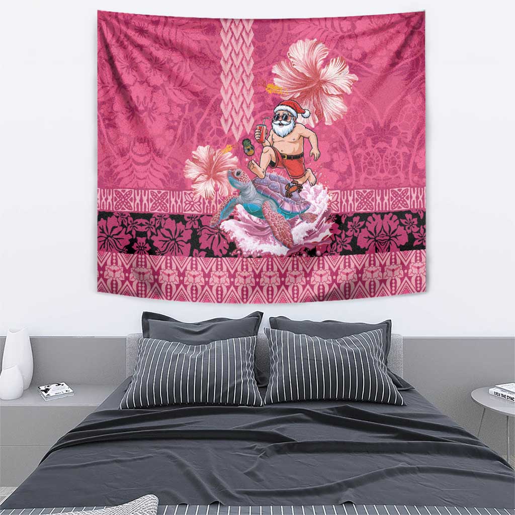 Hawaii Mele Kalikimaka Tapestry Funny Santa with Tribal Tattoos Kakau Pink Color - Polynesian Pride