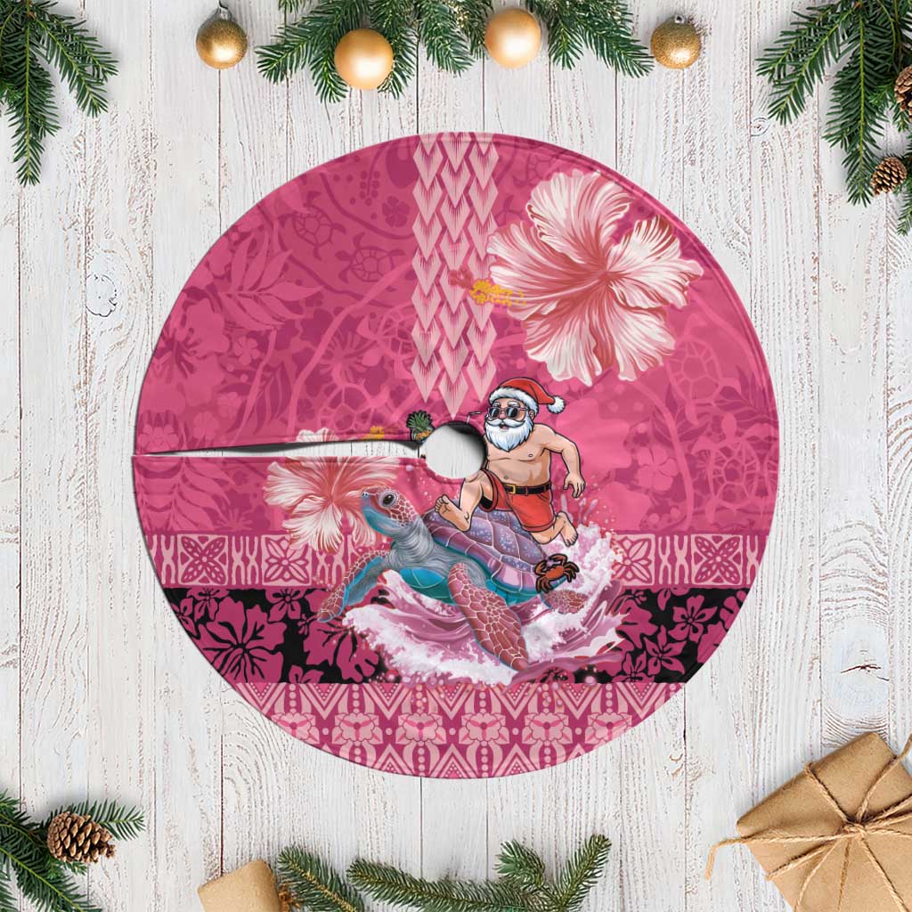 Hawaii Mele Kalikimaka Tree Skirt Funny Santa with Tribal Tattoos Kakau Pink Color - Polynesian Pride