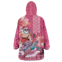 Hawaii Mele Kalikimaka Wearable Blanket Hoodie Funny Santa with Tribal Tattoos Kakau Pink Color - Polynesian Pride