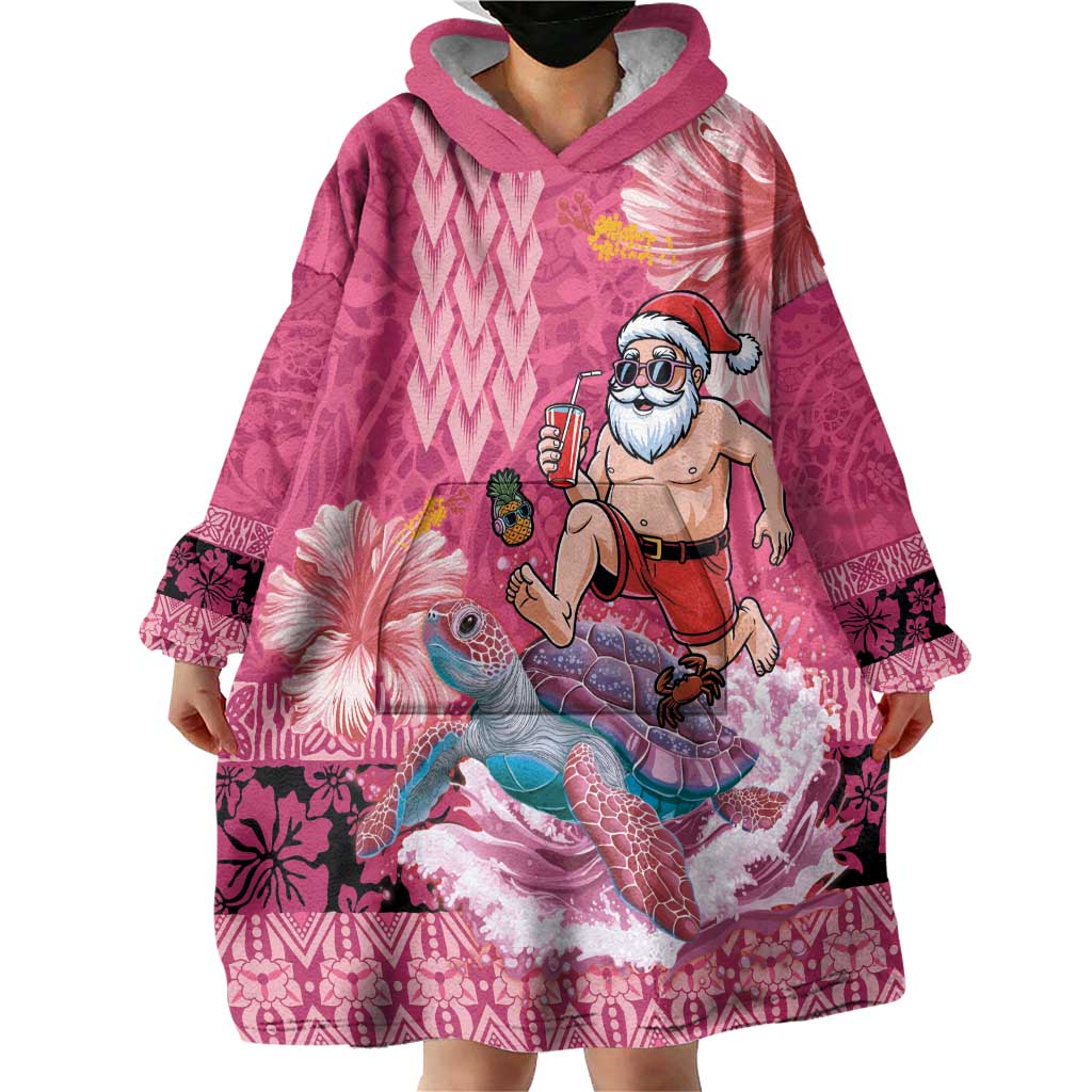 Hawaii Mele Kalikimaka Wearable Blanket Hoodie Funny Santa with Tribal Tattoos Kakau Pink Color - Polynesian Pride