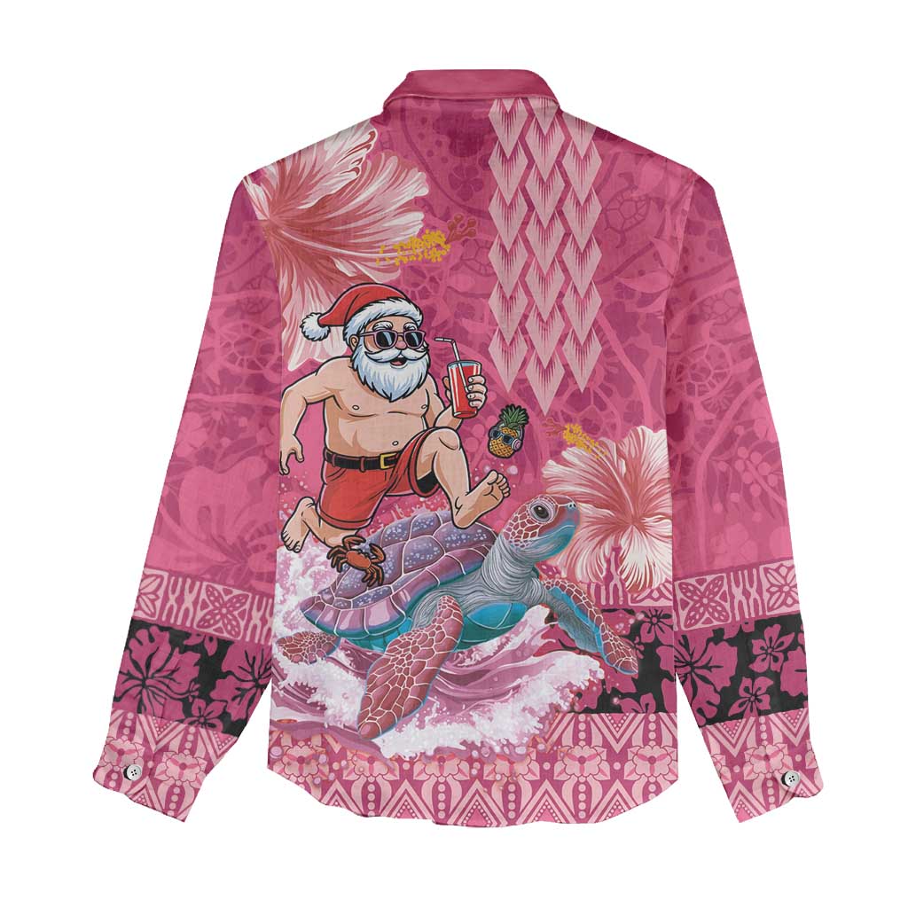 Hawaii Mele Kalikimaka Women Casual Shirt Funny Santa with Tribal Tattoos Kakau Pink Color - Polynesian Pride