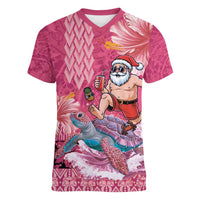 Hawaii Mele Kalikimaka Women V-Neck T-Shirt Funny Santa with Tribal Tattoos Kakau Pink Color - Polynesian Pride