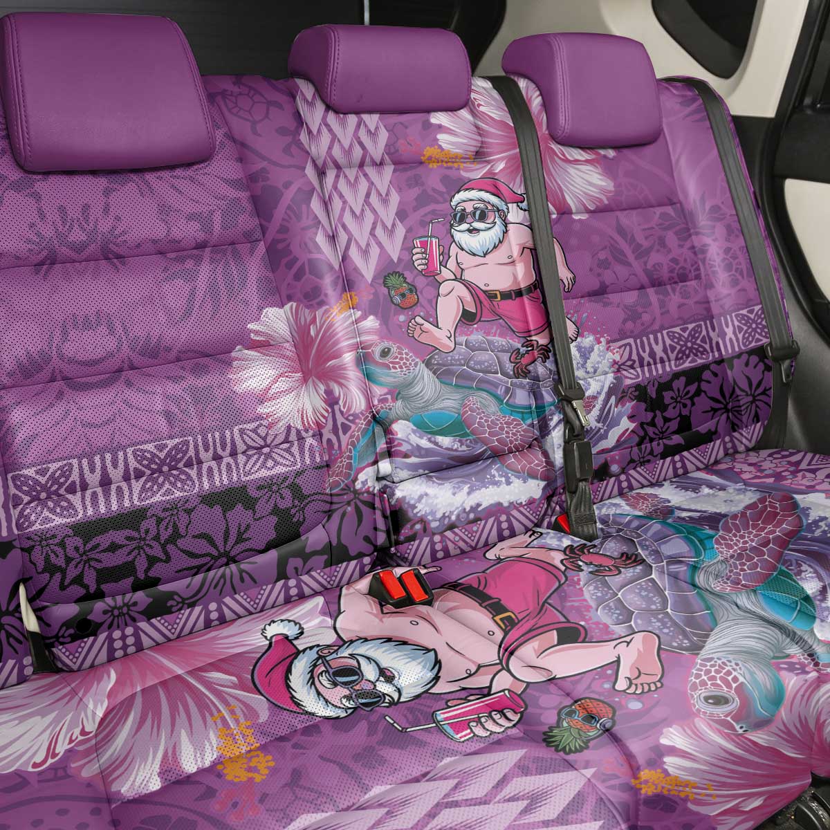 Hawaii Mele Kalikimaka Back Car Seat Cover Funny Santa with Tribal Tattoos Kakau Purple Color - Polynesian Pride