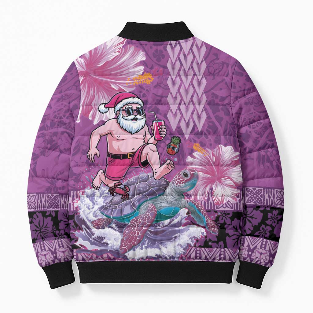 Hawaii Mele Kalikimaka Bomber Puffer Jacket Funny Santa with Tribal Tattoos Kakau Purple Color - Polynesian Pride