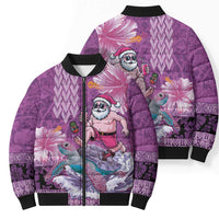 Hawaii Mele Kalikimaka Bomber Puffer Jacket Funny Santa with Tribal Tattoos Kakau Purple Color - Polynesian Pride