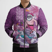 Hawaii Mele Kalikimaka Bomber Puffer Jacket Funny Santa with Tribal Tattoos Kakau Purple Color - Polynesian Pride