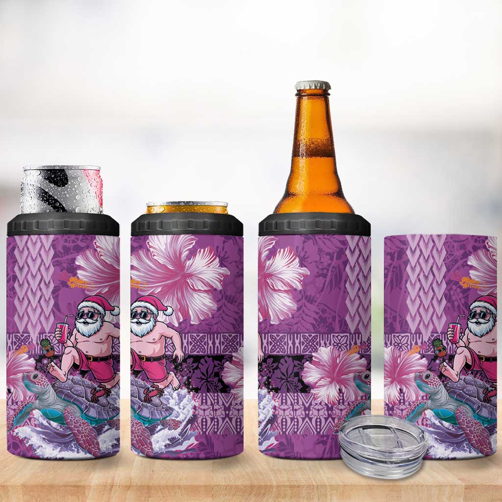 Hawaii Mele Kalikimaka 4 in 1 Can Cooler Tumbler Funny Santa with Tribal Tattoos Kakau Purple Color - Polynesian Pride