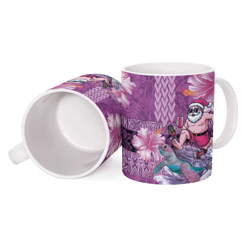 Hawaii Mele Kalikimaka Ceramic Mug Funny Santa with Tribal Tattoos Kakau Purple Color - Polynesian Pride