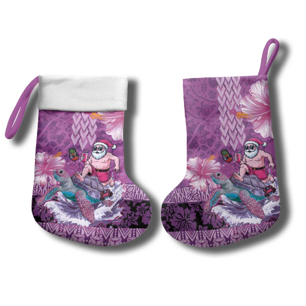 Hawaii Mele Kalikimaka Christmas Stocking Funny Santa with Tribal Tattoos Kakau Purple Color - Polynesian Pride