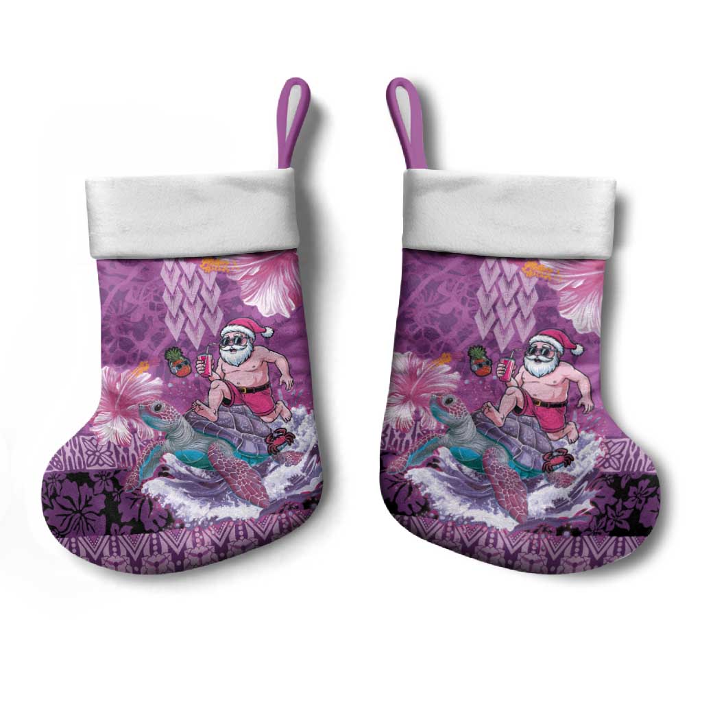 Hawaii Mele Kalikimaka Christmas Stocking Funny Santa with Tribal Tattoos Kakau Purple Color - Polynesian Pride