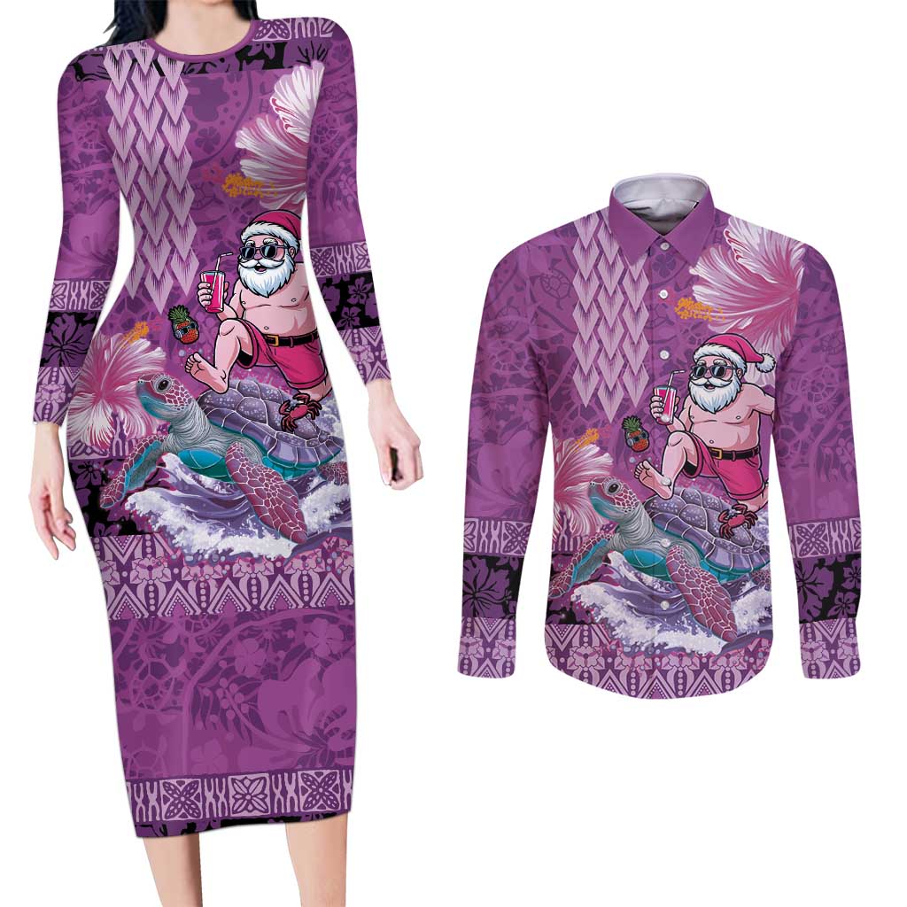 Hawaii Mele Kalikimaka Couples Matching Long Sleeve Bodycon Dress and Long Sleeve Button Shirt Funny Santa with Tribal Tattoos Kakau Purple Color - Polynesian Pride