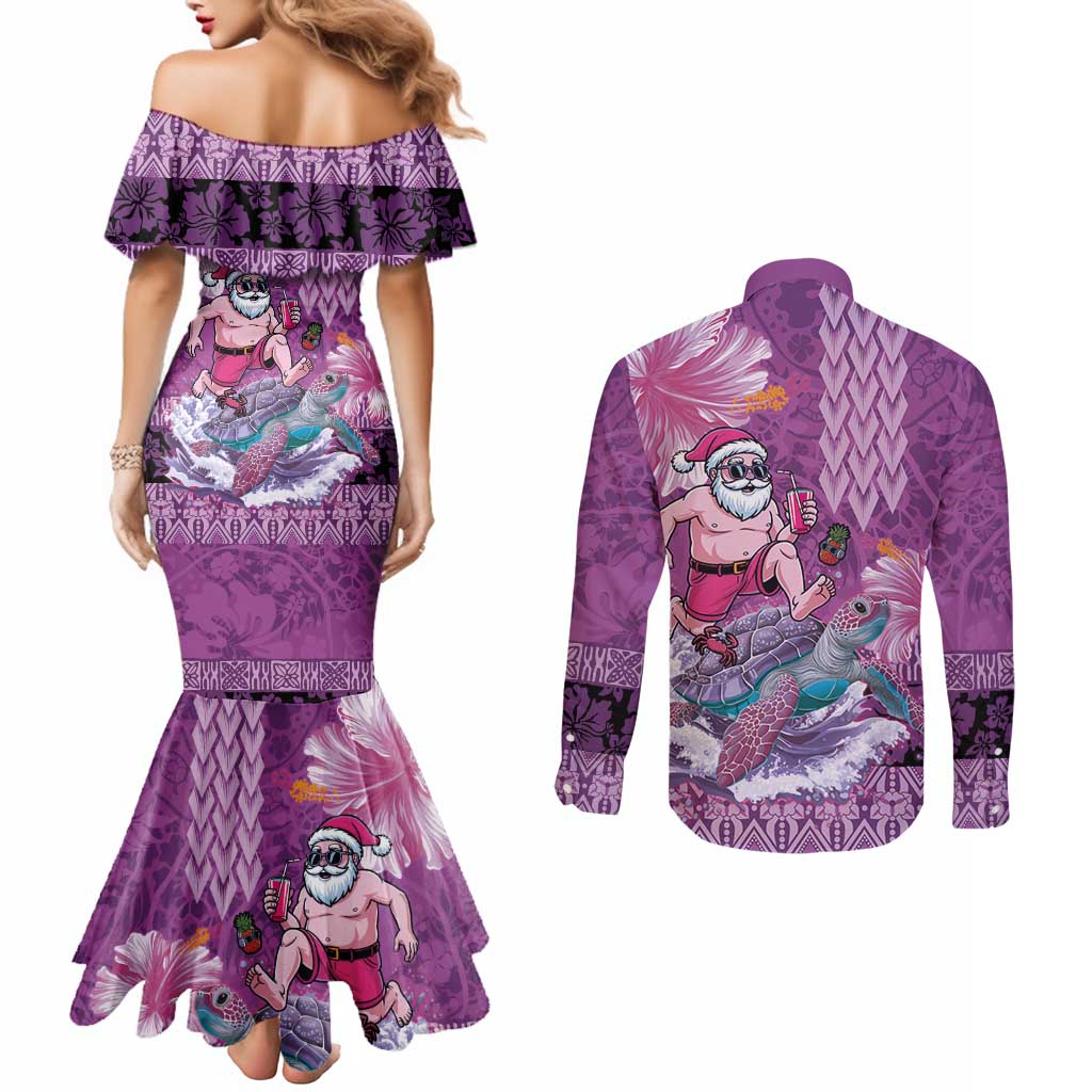 Hawaii Mele Kalikimaka Couples Matching Mermaid Dress and Long Sleeve Button Shirt Funny Santa with Tribal Tattoos Kakau Purple Color - Polynesian Pride