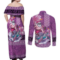 Hawaii Mele Kalikimaka Couples Matching Off Shoulder Maxi Dress and Long Sleeve Button Shirt Funny Santa with Tribal Tattoos Kakau Purple Color - Polynesian Pride