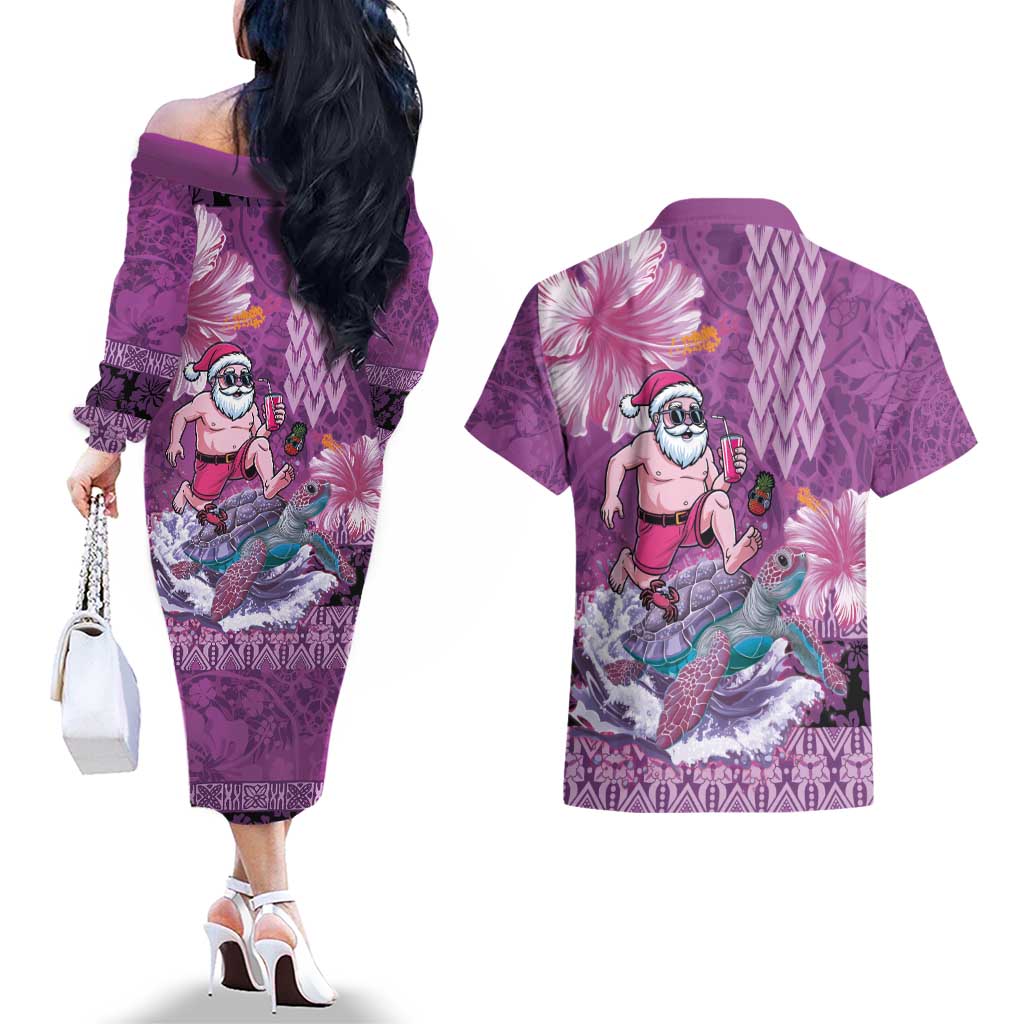 Hawaii Mele Kalikimaka Couples Matching Off The Shoulder Long Sleeve Dress and Hawaiian Shirt Funny Santa with Tribal Tattoos Kakau Purple Color - Polynesian Pride