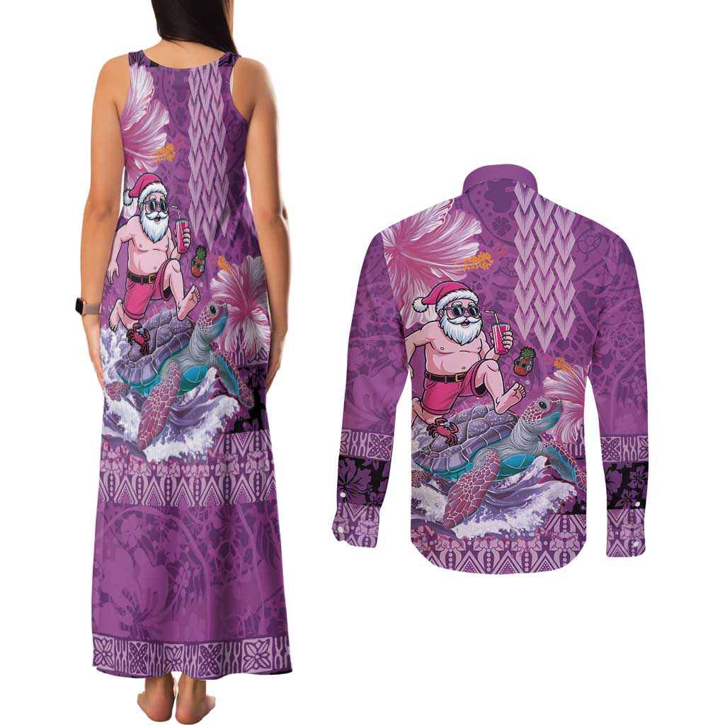 Hawaii Mele Kalikimaka Couples Matching Tank Maxi Dress and Long Sleeve Button Shirt Funny Santa with Tribal Tattoos Kakau Purple Color - Polynesian Pride
