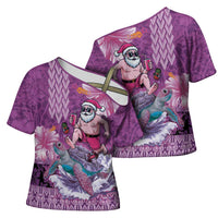 Hawaii Mele Kalikimaka Cross Shoulder Shirt Funny Santa with Tribal Tattoos Kakau Purple Color - Polynesian Pride