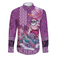 Hawaii Mele Kalikimaka Family Matching Long Sleeve Bodycon Dress and Hawaiian Shirt Funny Santa with Tribal Tattoos Kakau Purple Color - Polynesian Pride