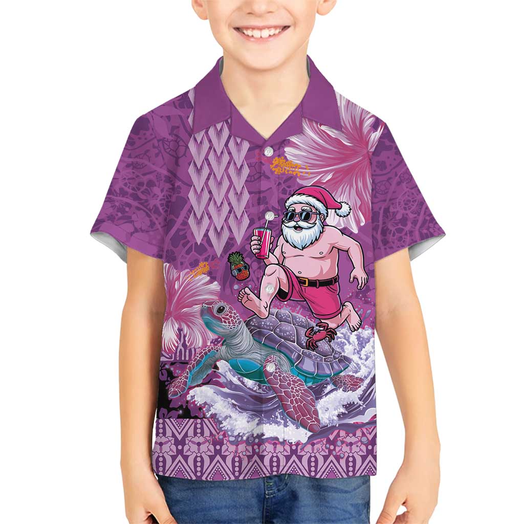 Hawaii Mele Kalikimaka Family Matching Long Sleeve Bodycon Dress and Hawaiian Shirt Funny Santa with Tribal Tattoos Kakau Purple Color - Polynesian Pride