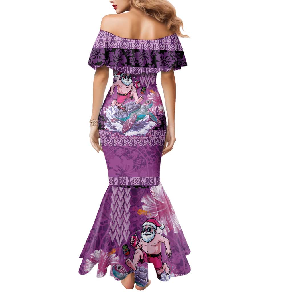 Hawaii Mele Kalikimaka Family Matching Mermaid Dress and Hawaiian Shirt Funny Santa with Tribal Tattoos Kakau Purple Color - Polynesian Pride
