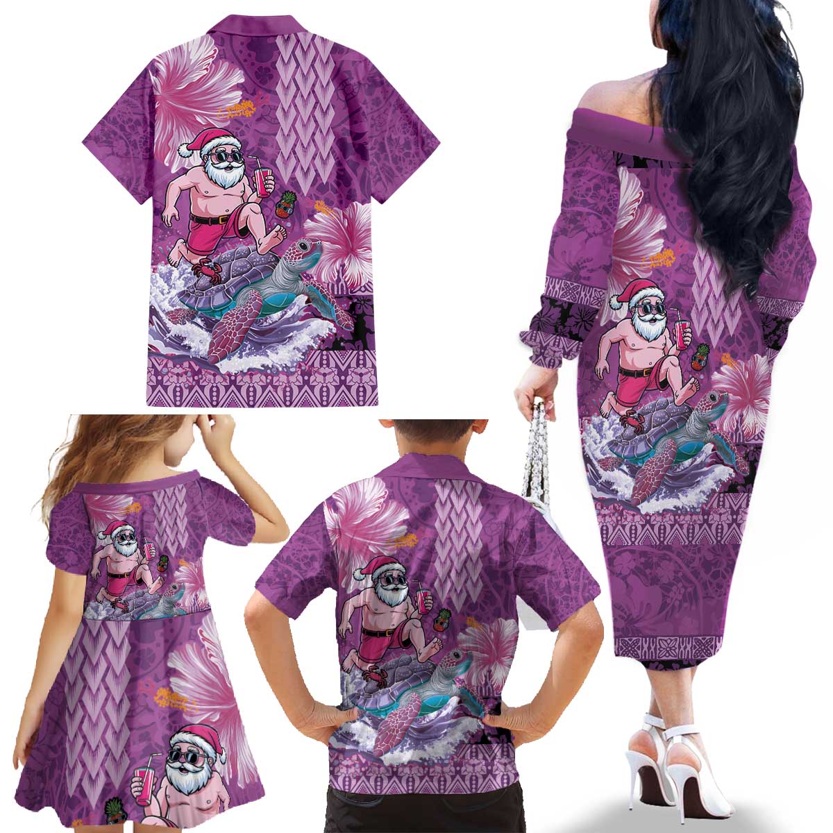 Hawaii Mele Kalikimaka Family Matching Off The Shoulder Long Sleeve Dress and Hawaiian Shirt Funny Santa with Tribal Tattoos Kakau Purple Color - Polynesian Pride