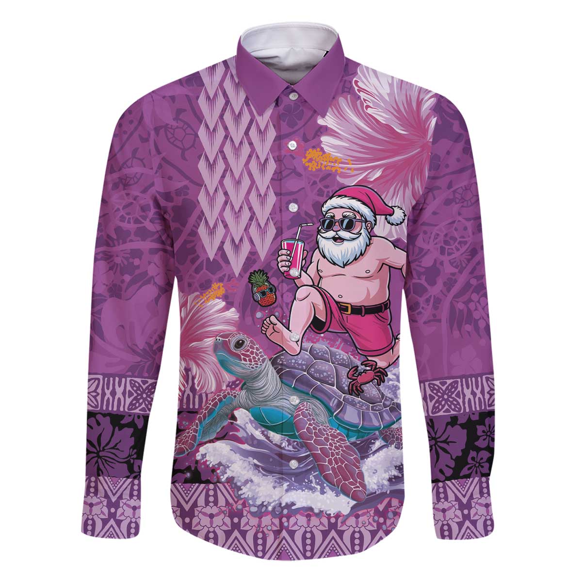 Hawaii Mele Kalikimaka Family Matching Off The Shoulder Long Sleeve Dress and Hawaiian Shirt Funny Santa with Tribal Tattoos Kakau Purple Color - Polynesian Pride