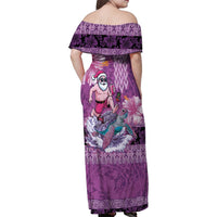 Hawaii Mele Kalikimaka Family Matching Off Shoulder Maxi Dress and Hawaiian Shirt Funny Santa with Tribal Tattoos Kakau Purple Color - Polynesian Pride