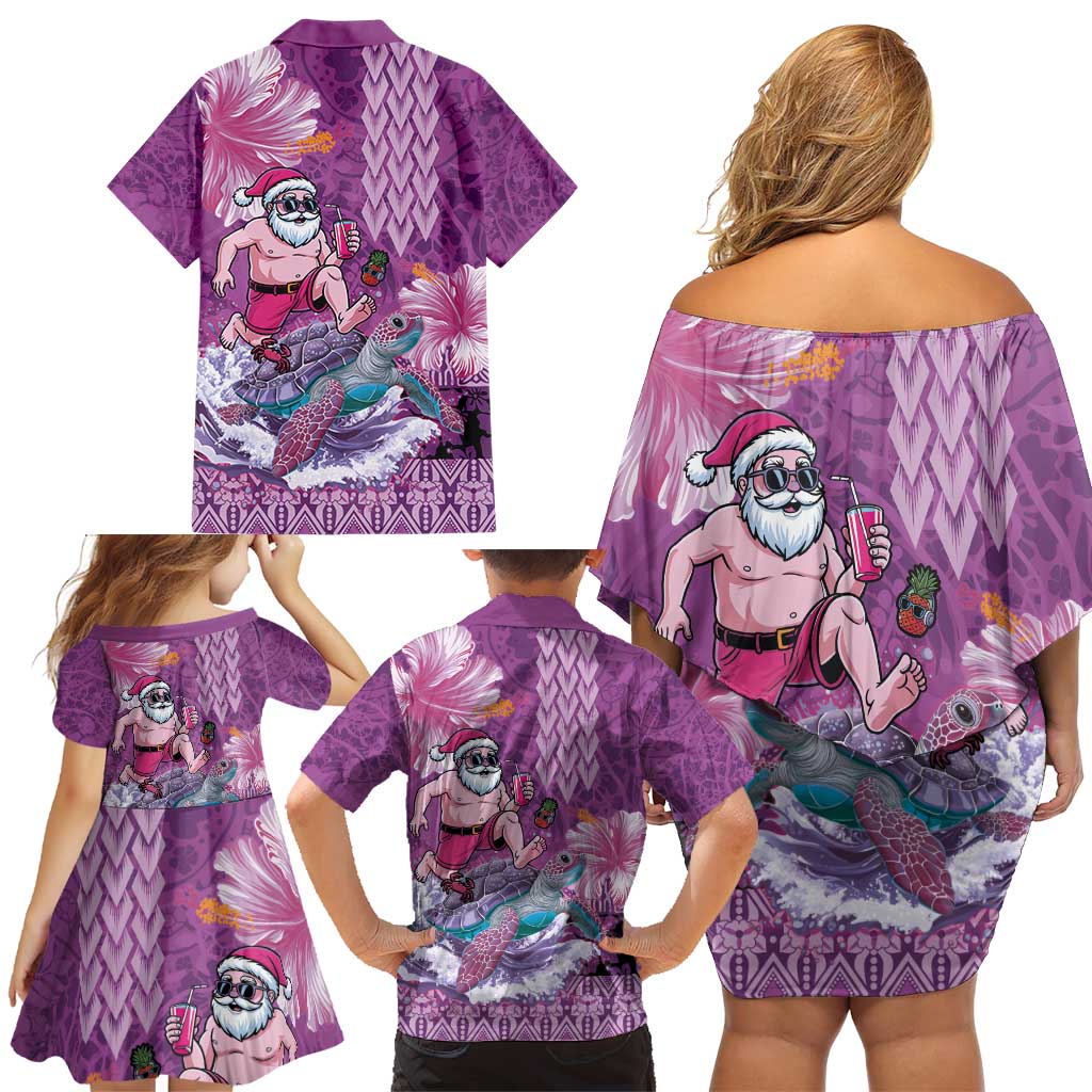 Hawaii Mele Kalikimaka Family Matching Off Shoulder Short Dress and Hawaiian Shirt Funny Santa with Tribal Tattoos Kakau Purple Color - Polynesian Pride