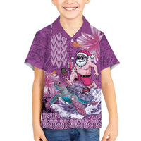 Hawaii Mele Kalikimaka Family Matching Off Shoulder Short Dress and Hawaiian Shirt Funny Santa with Tribal Tattoos Kakau Purple Color - Polynesian Pride