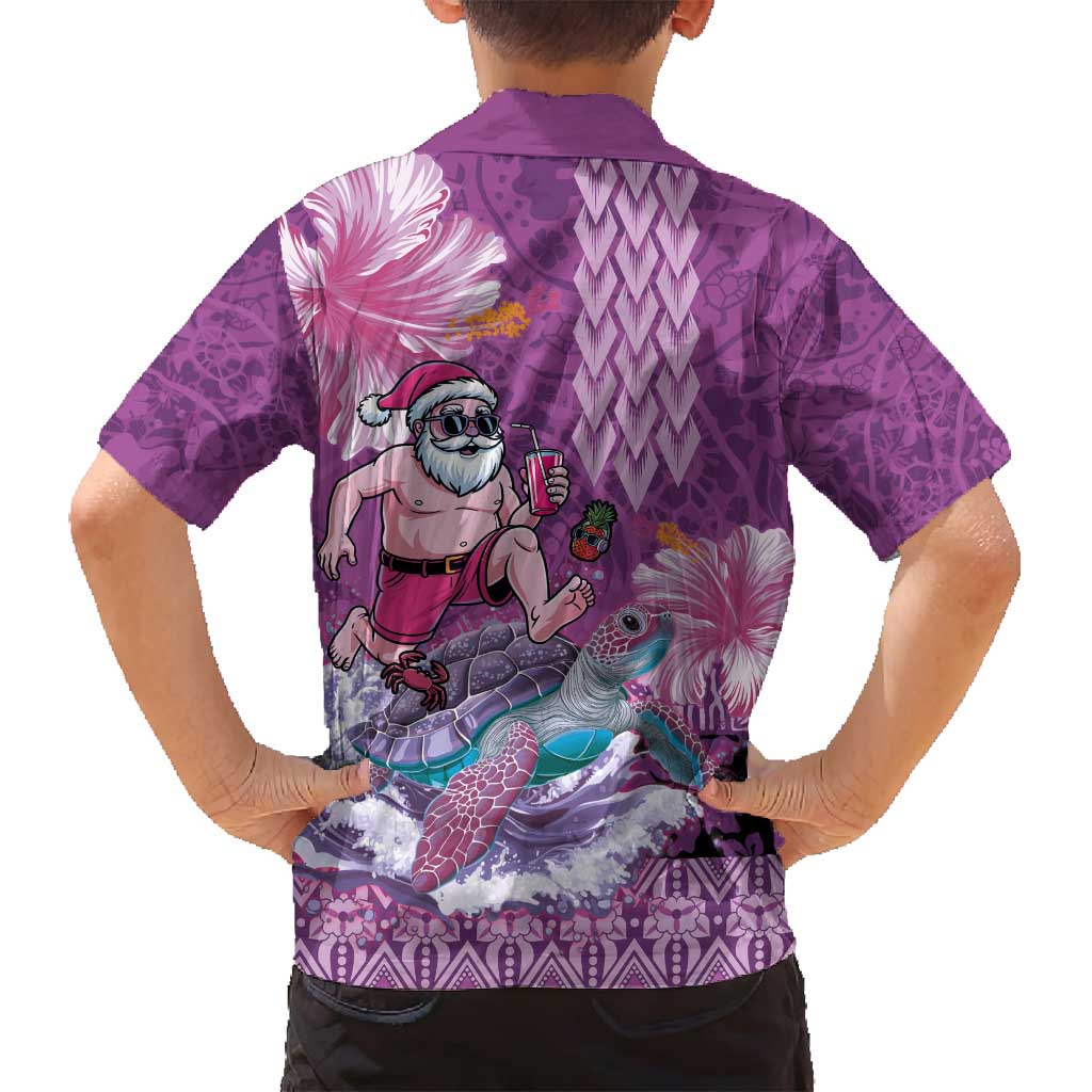 Hawaii Mele Kalikimaka Family Matching Puletasi and Hawaiian Shirt Funny Santa with Tribal Tattoos Kakau Purple Color - Polynesian Pride