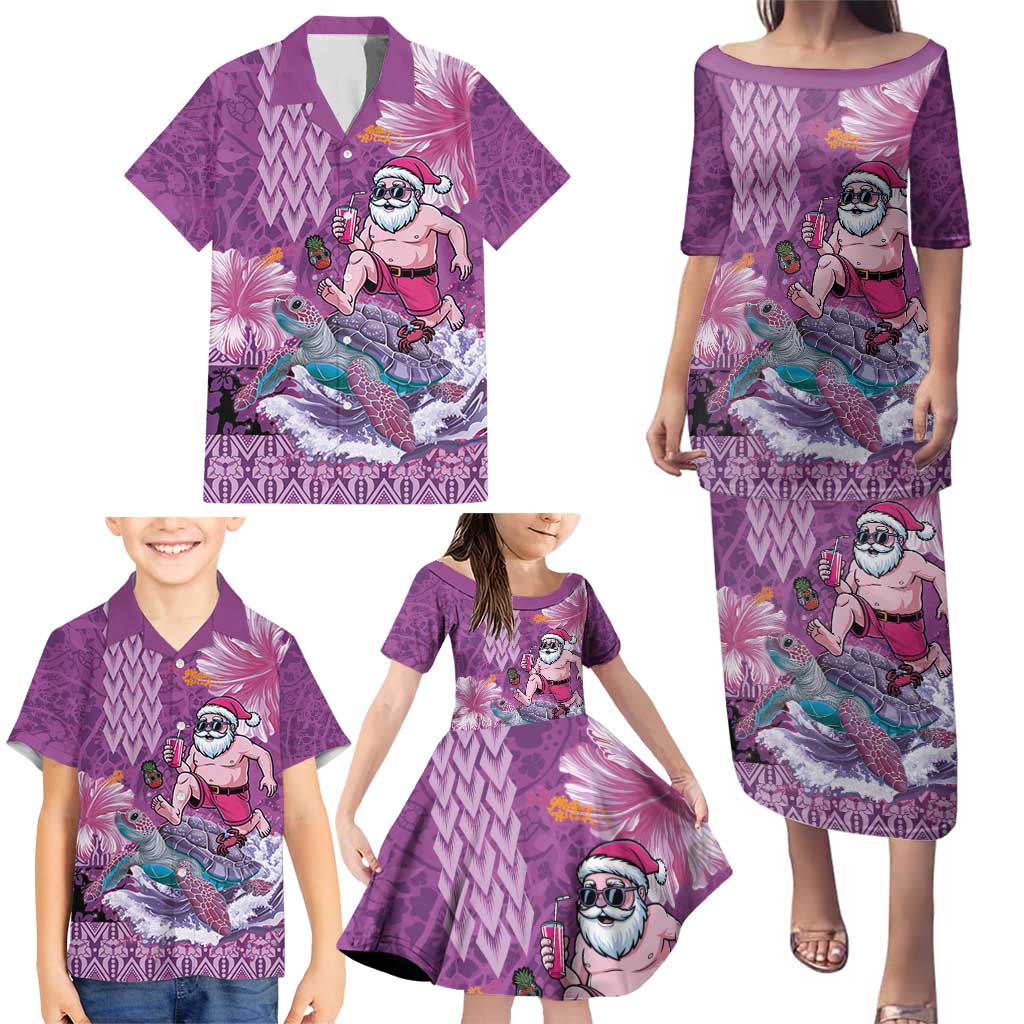 Hawaii Mele Kalikimaka Family Matching Puletasi and Hawaiian Shirt Funny Santa with Tribal Tattoos Kakau Purple Color - Polynesian Pride