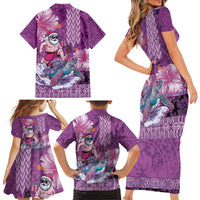 Hawaii Mele Kalikimaka Family Matching Short Sleeve Bodycon Dress and Hawaiian Shirt Funny Santa with Tribal Tattoos Kakau Purple Color - Polynesian Pride