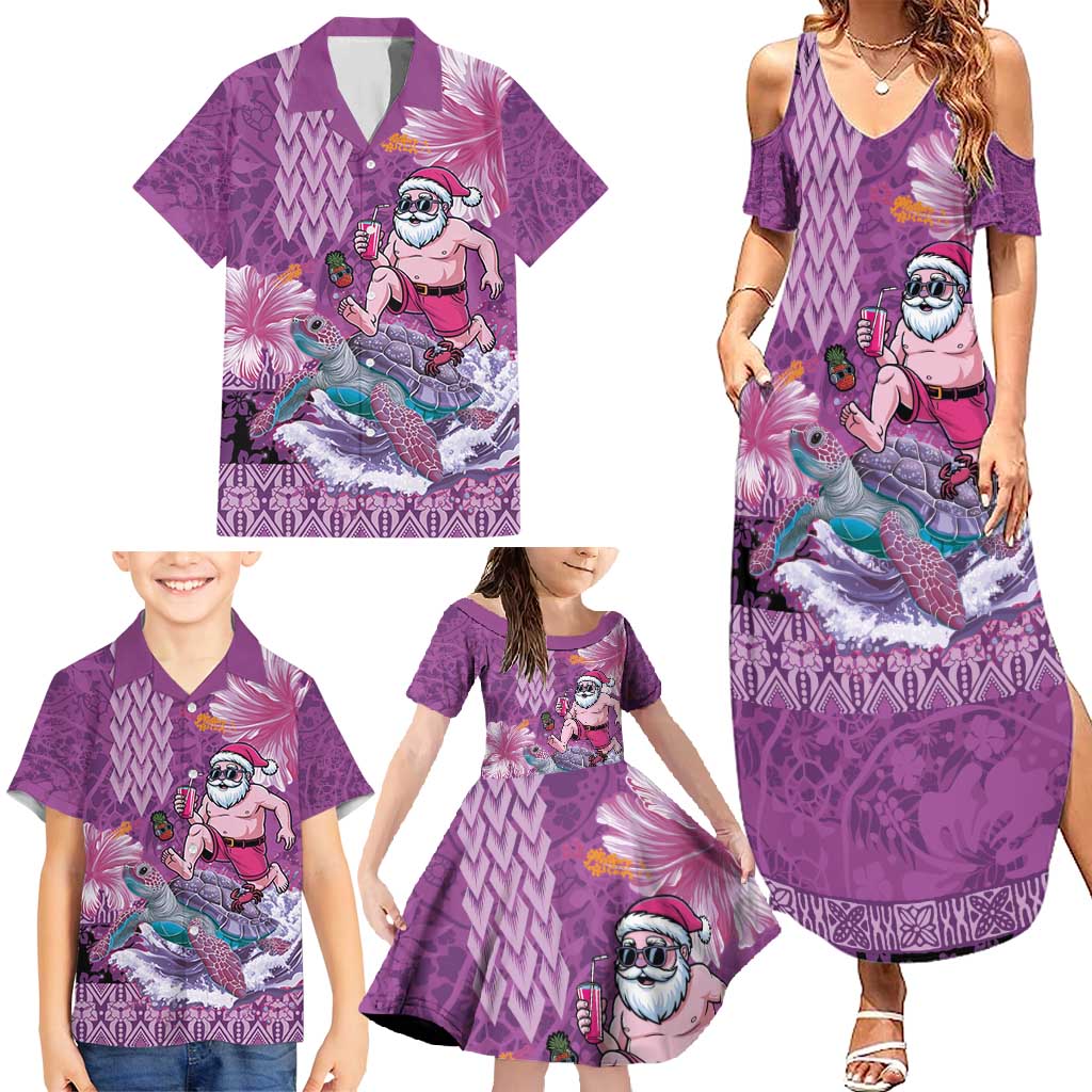 Hawaii Mele Kalikimaka Family Matching Summer Maxi Dress and Hawaiian Shirt Funny Santa with Tribal Tattoos Kakau Purple Color - Polynesian Pride
